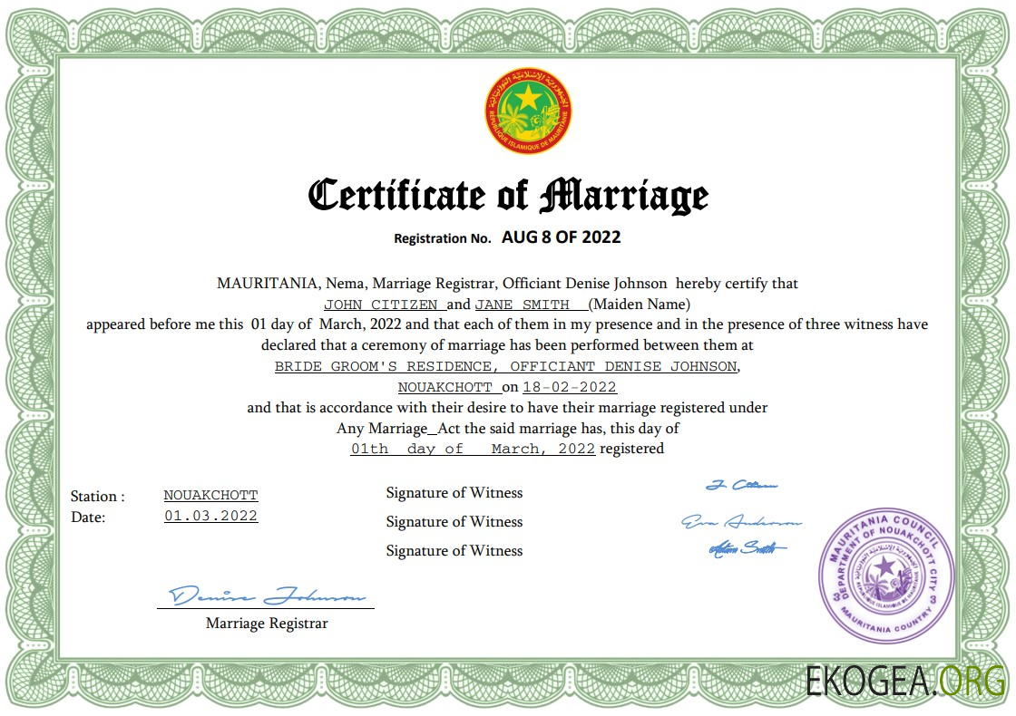 Modèle Word et PDF d'acte de mariage en Mauritanie